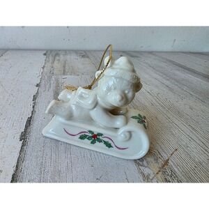 Lenox bear sledding ornament ceramic sled toboggan white Xmas Holly tree